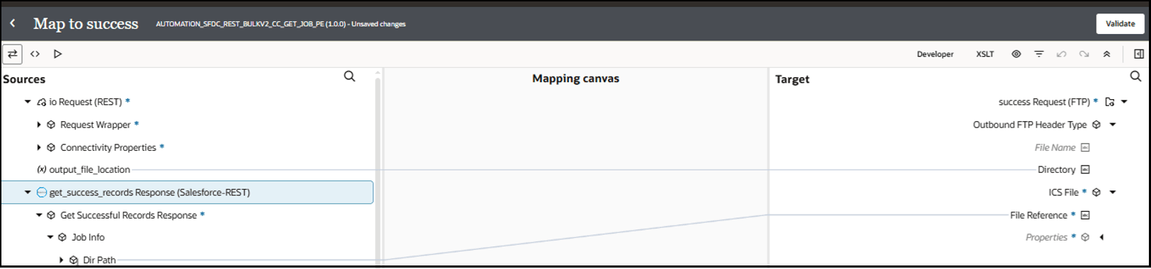 The Sources, Mapping canvas, and Target sections are shown. The source output_file_location is mapped to the target Directory field. The source Dir Path is mapped to the target File Reference field.