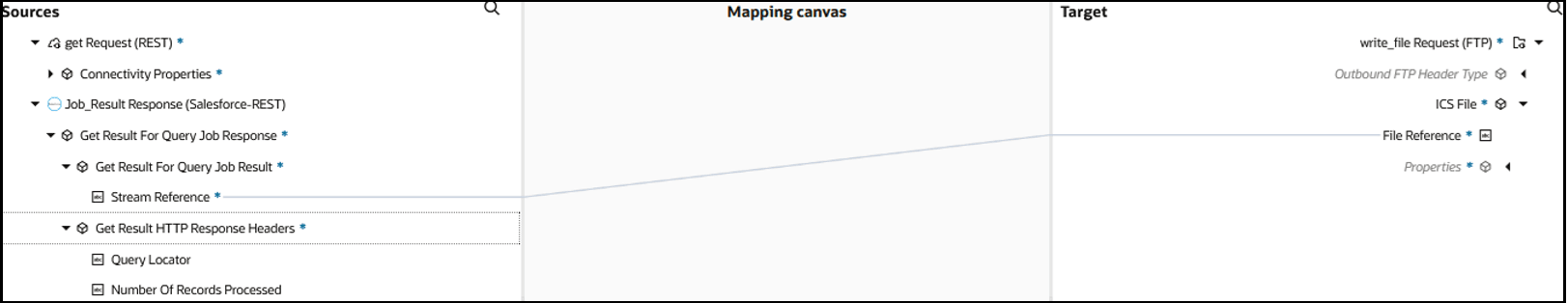 The Sources, Mapping canvas, and Target sections are shown. The source Stream Reference element is mapped to the target File Reference field.
