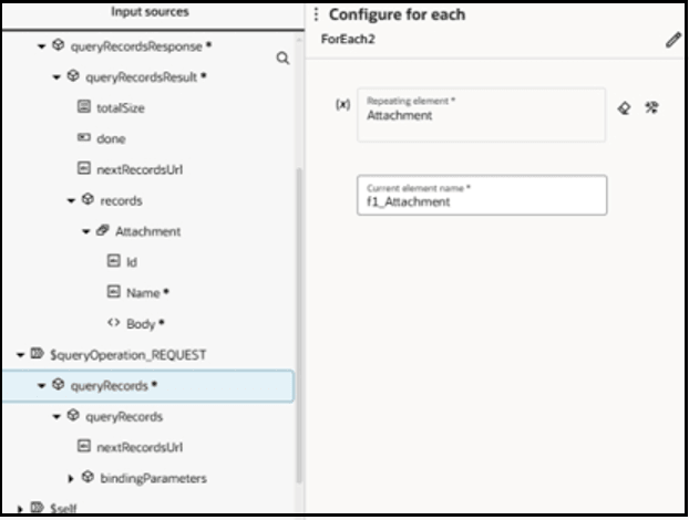 The Input sources hierarchy is shown. The queryRecords element is selected. On the right is the Configure for each section. The Repeating element field is shown with a value of Attachment. The Current element name field is shown with a value of f1_Attachment.