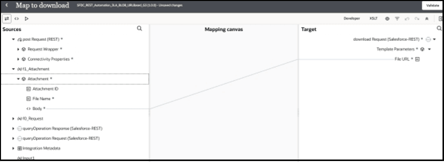 The Sources, Mapping canvas, and Target sections are shown. The source element Body is mapped to the target element File URL.