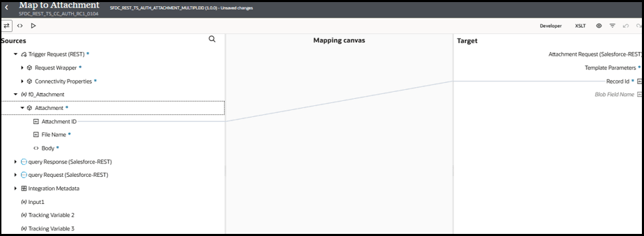 The Sources, Mapping canvas, and Target sections are shown. The source element Attachment ID is mapped to the target element Record Id.