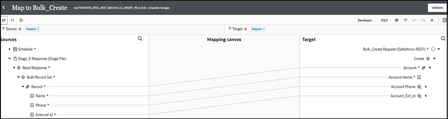 The Sources, Mapping canvas, and Target sections are shown. The source Bulk Record Set subelements are mapped to the target Account subelements.