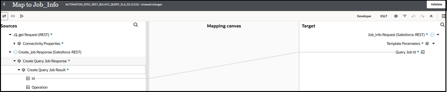 The Sources, Mapping canvas, and Target sections are shown. The source id is mapped to the Query Job id field.