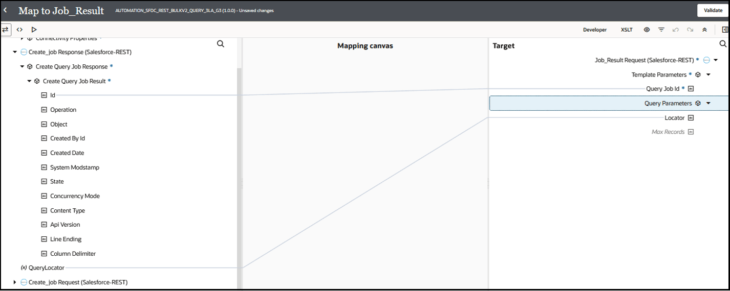 The Sources, Mapping canvas, and Target sections are shown. The source id element is mapped to the target Query Job id element. The source QueryLocator is mapped to the target Query Parameters field.