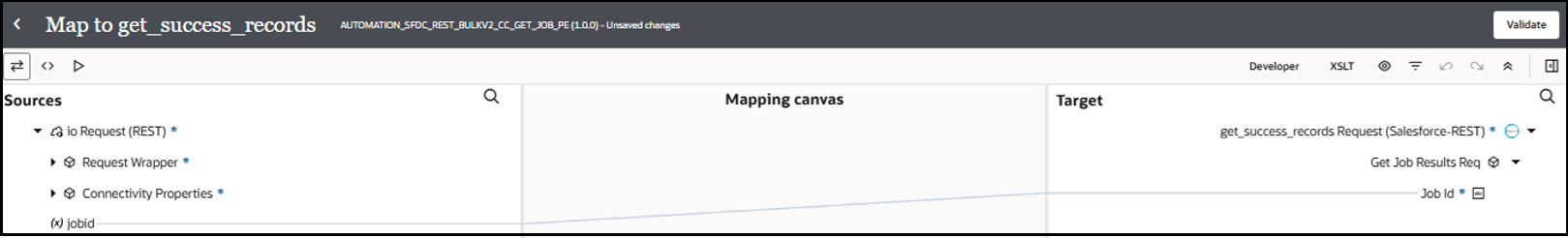 The Sources, Mapping canvas, and Target sections are shown. The source jobid is mapped to the target Job id field.