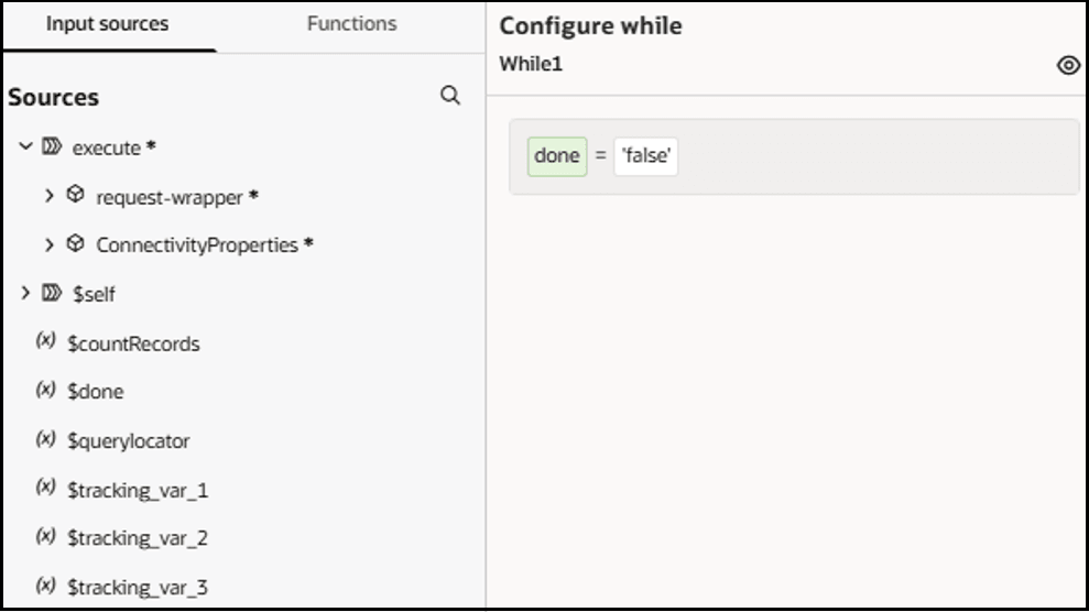 This image shows the While action. In the upper left is the Inputs sources section. In the section on the right, done is set to = “false”.