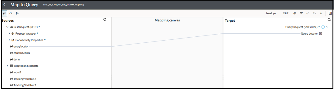 This image shows the mapper action. On the left side is the Sources section. Below this is the source tree of elements. The querylocator source element is mapped to the QueryLocator value in the Target section on the right side of the page.