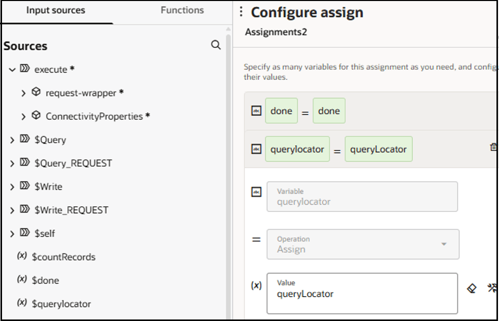 On the left side is the Input sources section. Below this is the Source element tree. The queryLocator element is mapped to the queryLocator value on the right side.