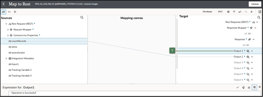 This image shows the mapper action. Below this is the source tree of elements. The countRecords source element is mapped to OutputString1 and OutputString 2 in the Target section on the right side of the page. At the bottom is the Expression Builder section. OutputString1 has a text value of "Operation is Successful".