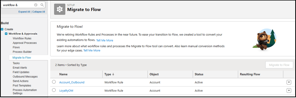 In the left navigation pane, Workflow & Approvals is expanded and Migrate to Flow is selected. The Migrate to Flow page is shown. A table is shown with columns for Name, Type, Object, Status, and Resulting Flow.
