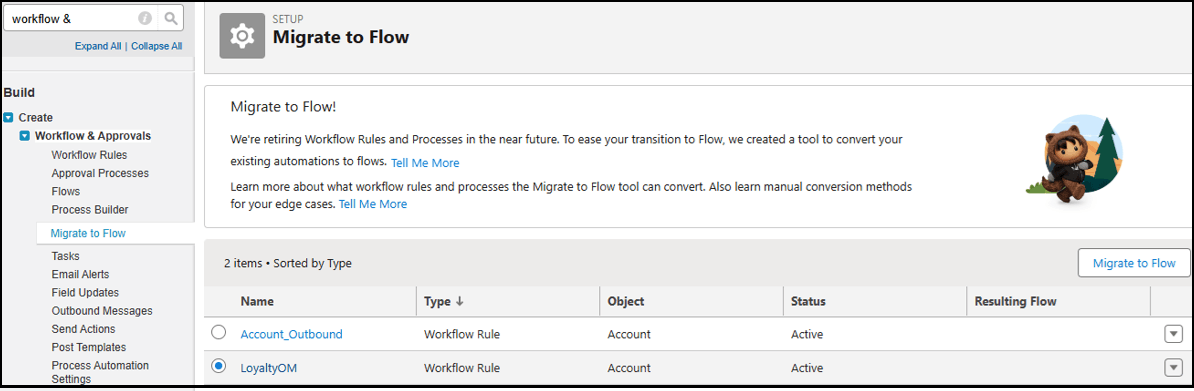 In the left navigation pane, Workflow & Approvals is expanded and Migrate to Flow is selected. The Migrate to Flow page is shown and the Migrate to Flow button is enabled. A table is shown with columns for Name, Type, Object, Status, and Resulting Flow.