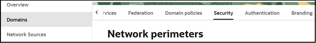 The Domains tab is selected in the left navigation pane. To the right are tabs for Federation, Domain policies, Security (which is selected), Authentication, and Branding. The title Network perimeters appears below.