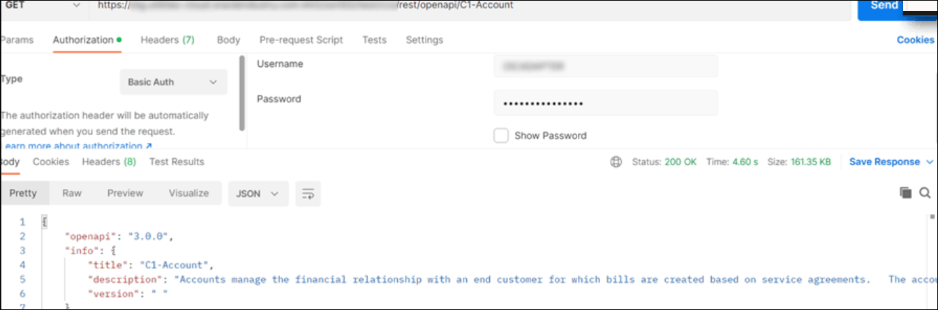 The image shows the GET operation, the API, and Send button at the top. Below this are the Params, Authorization, Headers, Body, Pre-request Script, Tests, and Settings tabs. Below this is the Type list, which shows Basic Auth selected. To the right are the Username and Password fields and Show Password check box. Below this are tabs for Body, Cookies, Headers, and Test Results. Below this are tabs for Pretty, Raw, Preview, and Visualize. JSON is selected from a list. Below this is each row of the code. The image shows the GET operation, the API, and Send button at the top. Below this are the Params, Authorization, Headers, Body, Pre-request Script, Tests, and Settings tabs. Below this is the Type list, which shows Basic Auth selected. To the right are the Username and Password fields and Show Password check box. Below this are tabs for Body, Cookies, Headers, and Test Results. Below this are tabs for Pretty, Raw, Preview, and Visualize. JSON is selected from a list. Below this is each row of the code.