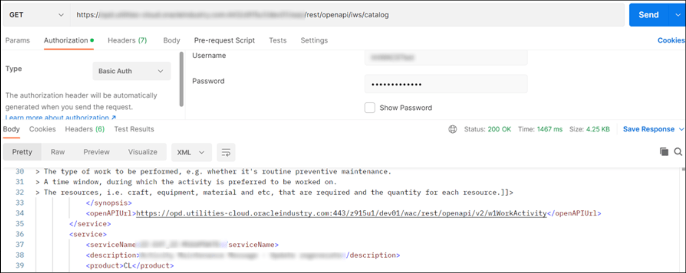The image shows the GET operation, the API, and Send button at the top. Below this are the Params, Authorization, Headers, Body, Pre-request Script, Tests, and Settings tabs. Below this is the Type list, which shows Basic Auth selected. To the right are the Username and Password fields and Show Password check box. Below this are tabs for Body, Cookies, Headers, and Test Results. Below this are tabs for Pretty, Raw, Preview, and Visualize. JSON is selected from a list. Below this is each row of the code. The image shows the GET operation, the API, and Send button at the top. Below this are the Params, Authorization, Headers, Body, Pre-request Script, Tests, and Settings tabs. Below this is the Type list, which shows Basic Auth selected. To the right are the Username and Password fields and Show Password check box. Below this are tabs for Body, Cookies, Headers, and Test Results. Below this are tabs for Pretty, Raw, Preview, and Visualize. JSON is selected from a list. Below this is each row of the code.