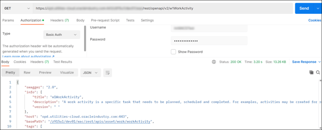 The image shows the GET operation, the API, and Send button at the top. Below this are the Params, Authorization, Headers, Body, Pre-request Script, Tests, and Settings tabs. Below this is the Type list, which shows Basic Auth selected. To the right are the Username and Password fields and Show Password check box. Below this are tabs for Body, Cookies, Headers, and Test Results. Below this are tabs for Pretty, Raw, Preview, and Visualize. JSON is selected from a list. Below this is each row of the code. The image shows the GET operation, the API, and Send button at the top. Below this are the Params, Authorization, Headers, Body, Pre-request Script, Tests, and Settings tabs. Below this is the Type list, which shows Basic Auth selected. To the right are the Username and Password fields and Show Password check box. Below this are tabs for Body, Cookies, Headers, and Test Results. Below this are tabs for Pretty, Raw, Preview, and Visualize. JSON is selected from a list. Below this is each row of the code.