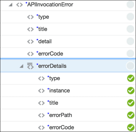 The APIInvocationError element is expanded to show the errorDetails element, which includes selections for type, instance, title, errorPath, and errorCode. The APIInvocationError element is expanded to show the errorDetails element, which includes selections for type, instance, title, errorPath, and errorCode.