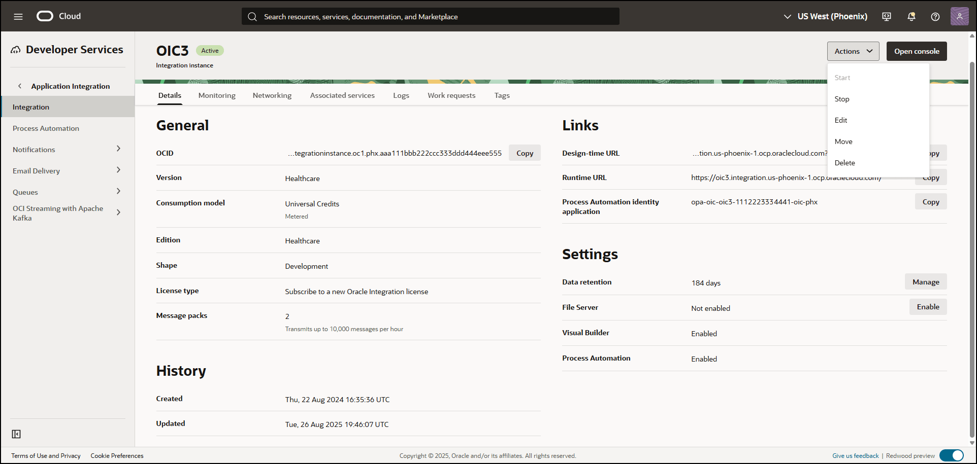 Description of ociconsole_integrationdetails_nocallouts.png follows