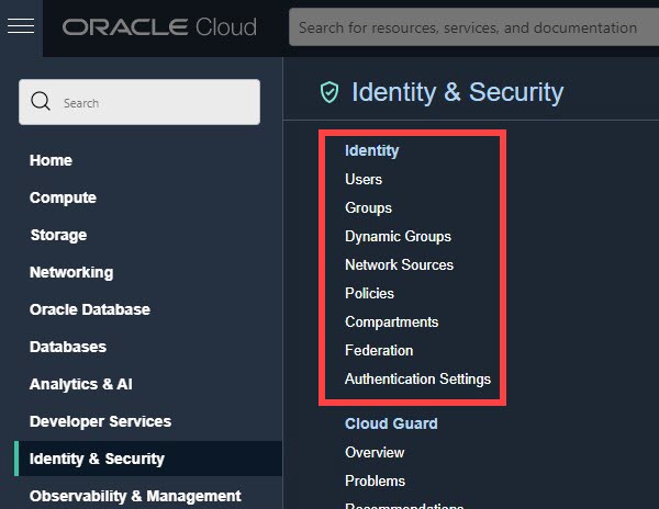 Oracle Cloud Console showing Identity and Security with no Domains menu option Oracle Cloud Console showing Identity and Security with no Domains menu option