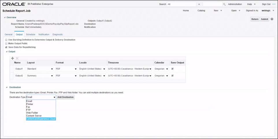 Business intelligence publisher output and destinations Business intelligence publisher output and destinations