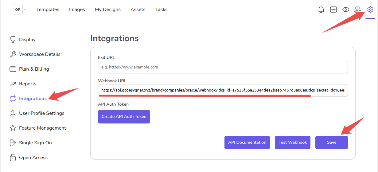 Enter the Webhook URL field in Desygner.