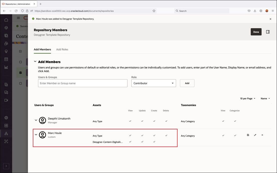 Share the repository with users so they can work with Desygner in Oracle Content Management.