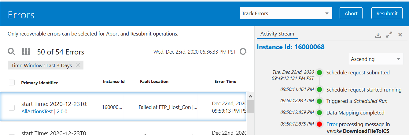 The Errors page shows the activity stream drawer on the right. The instance ID is listed at the top. Ascending is selected from the dropdown list. Below this is the stream. Green indicates success. Red indicates if a failure has occurred.