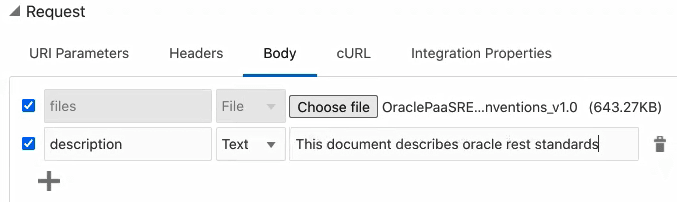 The Body tab is selected. Two rows are shown below. The first row (identified as File) includes the file uploaded. The second row (identified as Text) shows the text description.