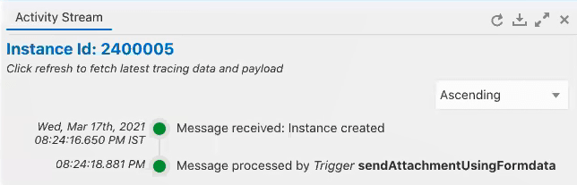 The Activity Stream shows the Instance ID value. In the upper right corner are four icons. Below this is a list with Ascending selected. Below this is the activity stream of actions processed.