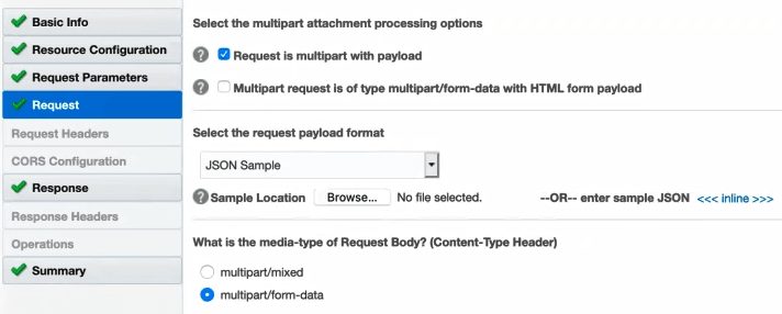 The Request tab is selected to show selections made for Request is multipart with payload, JSON Sample, and multipart/form-data.