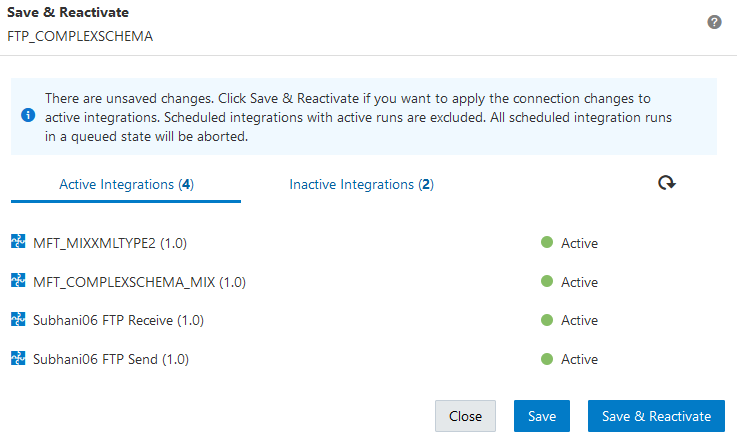 The Save and Reactivate page lists the number of Active Integrations and Inactive Integrations. A Refresh icon appears in the upper right corner. Cancel, Save, and Save & Reactivate buttons appear in the lower right.