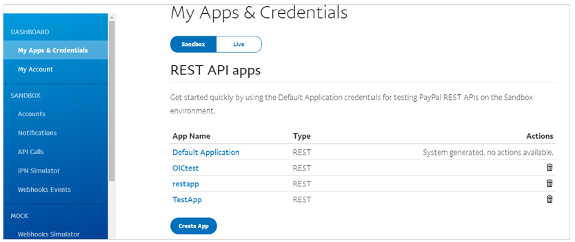 My Apps & Credentials is selected in the left navigation pane. The Create App link appears in the REST API apps section. My Apps & Credentials is selected in the left navigation pane. The Create App link appears in the REST API apps section.