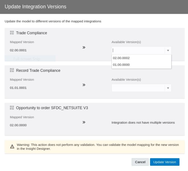 Update Integration Versions dialog Update Integration Versions dialog