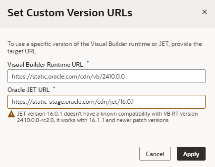 Set Custom Version URLs dialog