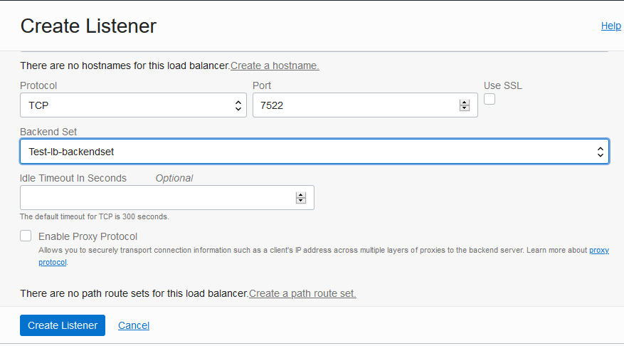 Create Listener dialog