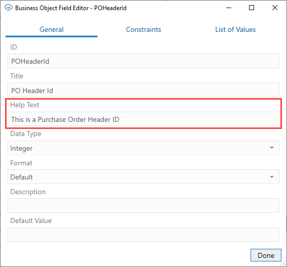 The Business Object Field Editor showing the Help Text property The Business Object Field Editor showing the Help Text property