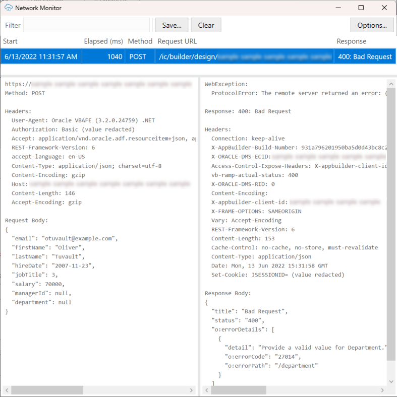 Network Monitor showing a failed GET request