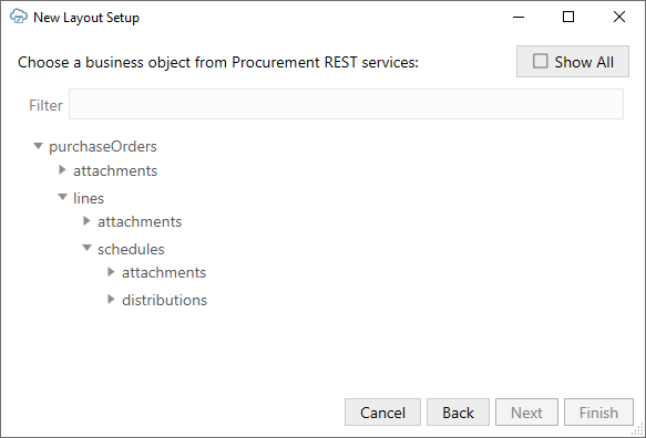 In this sample business object hierarchy, purchaseOrders is the parent, lines is the child, attachments and schedules are the grandchildren, and distributions is the great-grandchild.