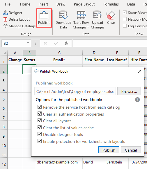 Description of excel-ribbon-publish.png follows