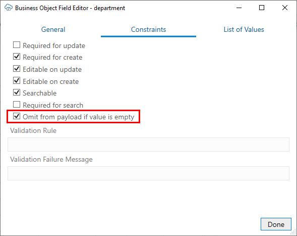 The Business Object Field Editor showing the Omit from payload if value is empty check box