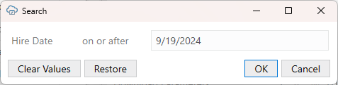 Search prompt that returns rows with a hire date on or after 9/19/2024