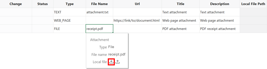 This image shows an attachment table layout displaying the Attachment pop-up window.