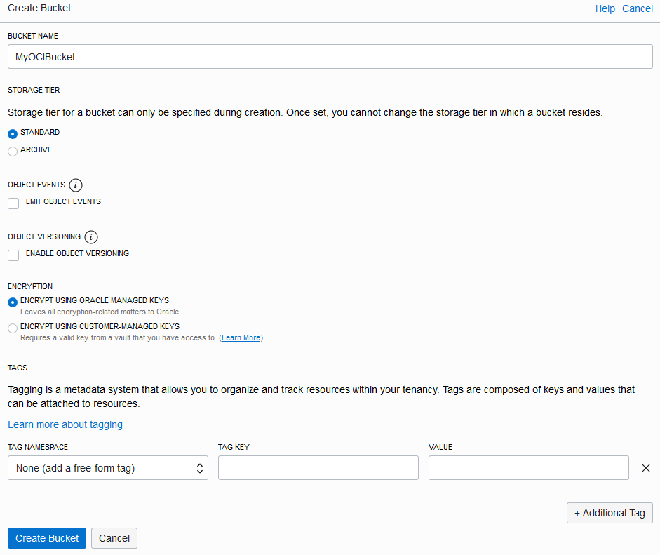 Create Bucket dialog box Create Bucket dialog box