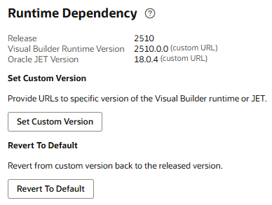 Runtime Dependency section when a custom version is set. The option to Revert to default is enabled.