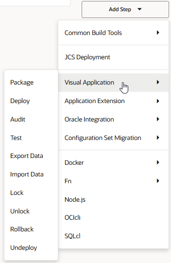 Build options available for a visual application when you click Add Step for a job