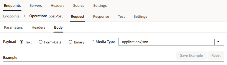 Screen shot showing payload selection options from the Body tab under the Endpoint editor's Request tab