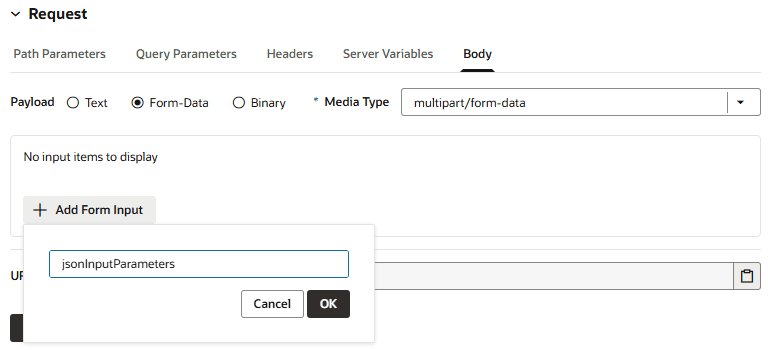 Screenshot showing the Form-Data payload option selected, the Media Type set to multipart/form-data, and an open form for defining input elements for data values