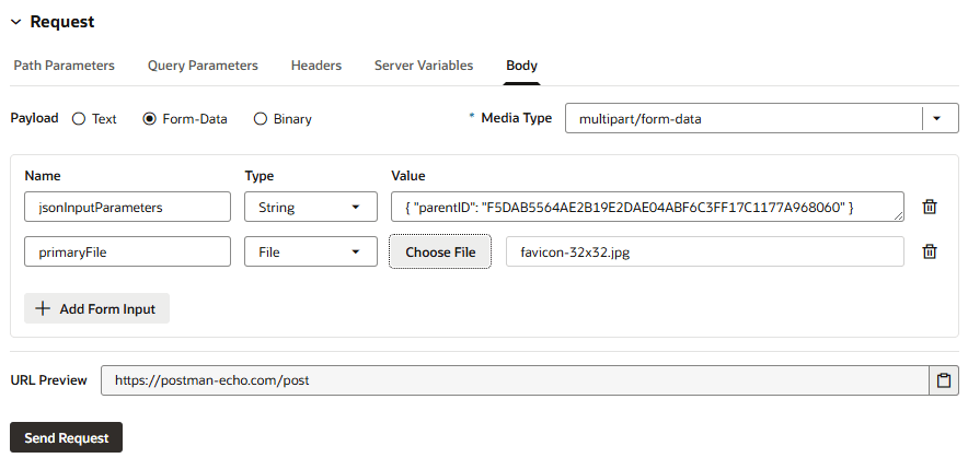 Screenshot showing String and File elements being added to the input form