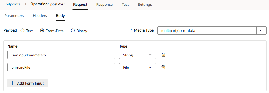 Screenshot showing the jasonInputParameters (String) and primaryFile (File) form elements that were created