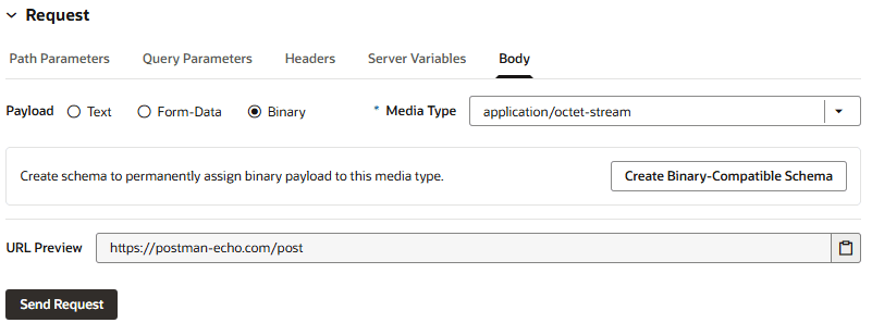 Screenshot showing binary payload selected with the default media stream type of application/octet-stream