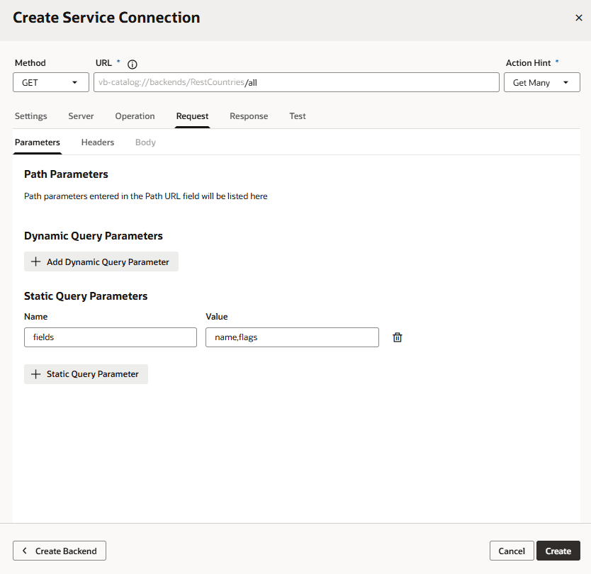 Create Service Connection Dialog